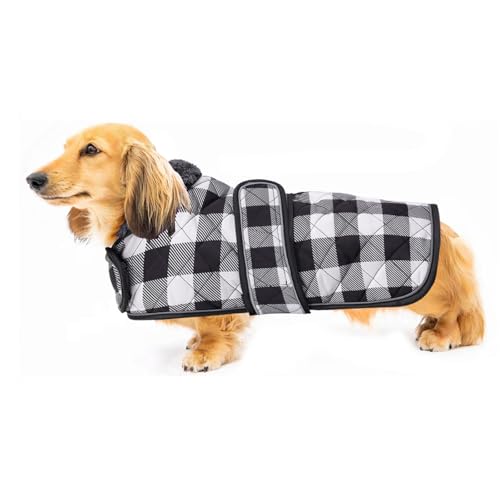 Geyecete Wasserdichter Hundemantel,Dackel Mantel,Hundejacke Winter für Dackel,mit Warmem Fleecefutter innen,Verstellbaren Outdoor Hundebekleidung für Dackel Miniatur Dackel-Kariert Schwarz-S von Geyecete