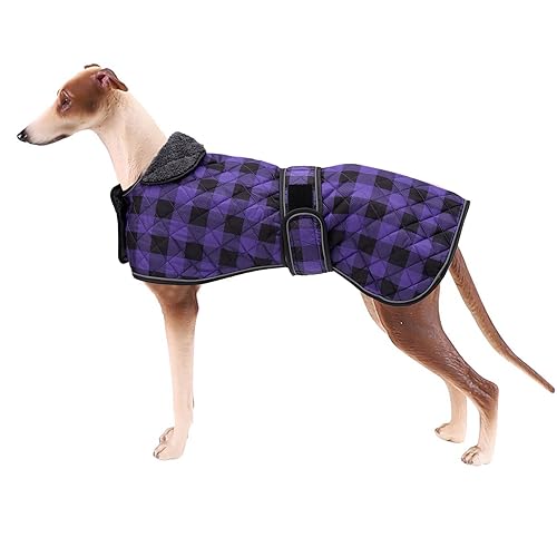 Geyecete Wasserdichter Hundemantel,Windhund Mantel,Whippet Hundejacke Winter,mit Warmem Fleecefutter innen,Verstellbaren Outdoor Hundebekleidung für Windhunde/Lurcher/Whippet-Kariert Lila-L von Geyecete