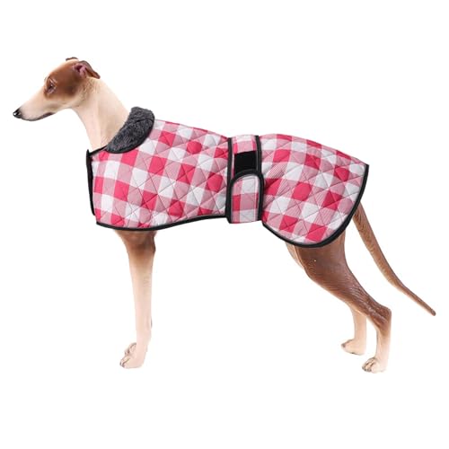 Geyecete Wasserdichter Hundemantel,Windhund Mantel,Whippet Hundejacke Winter,mit Warmem Fleecefutter innen,Verstellbaren Outdoor Hundebekleidung für Windhunde/Lurcher/Whippet-Kariert Rosa-L von Geyecete