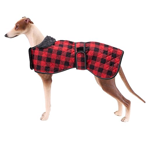 Geyecete Wasserdichter Hundemantel,Windhund Mantel,Whippet Hundejacke Winter,mit Warmem Fleecefutter innen,Verstellbaren Outdoor Hundebekleidung für Windhunde/Lurcher/Whippet-Kariert Rot-S von Geyecete