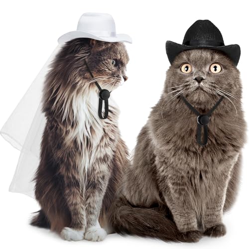 Geyoga Cowboyhut für Haustiere, Brautpaar und Bräutigam, Cowboy-Kostüm mit Schleier, Katzenhut, Kostüme, Cosplay, Zubehör für Hunde, Katzen, Haustier-Dekoration, tägliches Tragen (Medium), 2 Stück von Geyoga