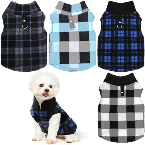 Hamify Fleece-Weste Hundepullover 4er-Set Buffalo Plaid Hundepullover warme Jacke Winter Haustierkleidung mit Leinenring für kleine Hunde und Katzen (klein) von Geyoga