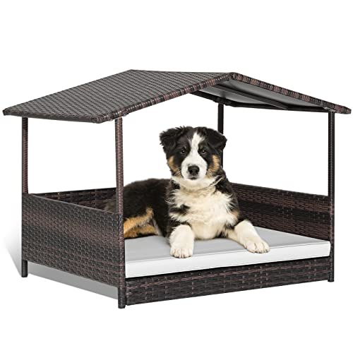 Giantex Weiden-Hundehütte, erhöhtes Rattan-Hundebett mit wasserdichtem Dach, waschbarer Kissenbezug, Stahlrahmen, Indoor Outdoor Erhöhtes Hundebett Haustierhaus für kleine mittelgroße Hunde Katzen, von Giantex