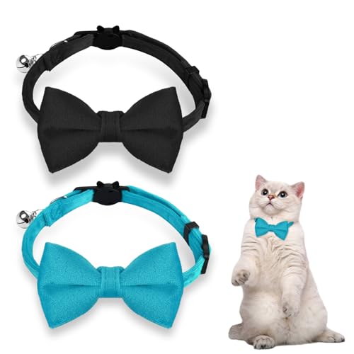 Giantree 2 Stück Samt Katzen Halsband, Katzen-Fliege Katzenhalsband mit Glöckchen und Fliege süßes Haustierhalsband mit verstellbar für kleine Haustiere Katzen und Welpen(Blau Schwarz) von Giantree