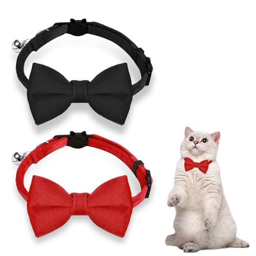 Giantree 2 Stück Samt Katzen Halsband, Katzen-Fliege Katzenhalsband mit Glöckchen und Fliege süßes Haustierhalsband mit verstellbar für kleine Haustiere Katzen und Welpen(rot schwarz) von Giantree