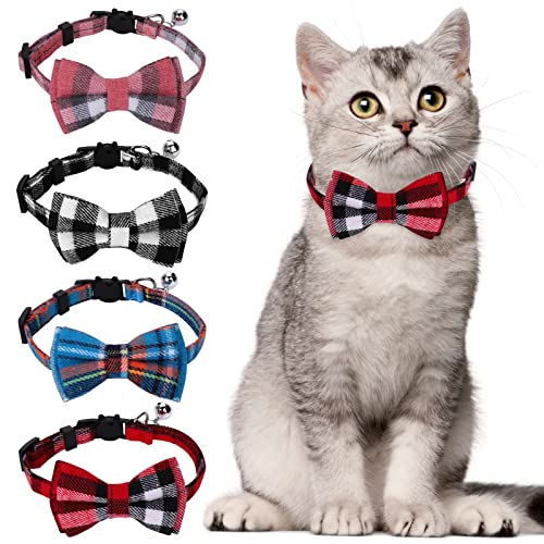 Giantree 4Pcs Katzenhalsbänder Fliege mit Glocke Breakaway Kätzchen Halsband für Mädchen Junge Katzen Cute Plaid Design einstellbare Haustier Halsbänder 7-12inch für Kitty Cats (4 Farbe) von Giantree