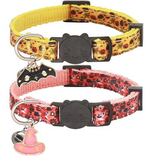 Giecooh Halloween-Katzenhalsband, 2 Stück, Breakaway-Katzen-Halsbänder mit Glocken, Kürbis-Geister-Anhänger und Fledermäuse, Halloween, Orange + Rosa von Giecooh