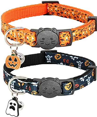 Giecooh Halloween-Katzenhalsband, 2 Stück, Breakaway-Katzenhalsband mit Glöckchen, Kürbis- und Geister-Anhänger von Giecooh