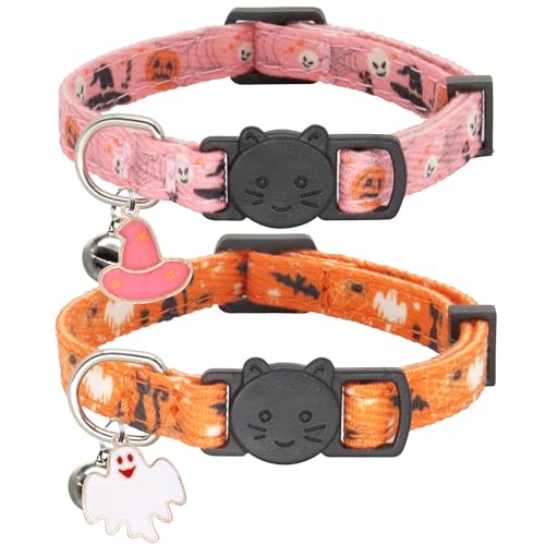 Giecooh Halloween-Katzenhalsband, Baumwolle, 2 Stück, Katzenhalsband mit Glöckchen, Breakaway-Halsbänder für Mädchen, Jungen, Katzen, Kätzchen, Halloween, Rosa von Giecooh