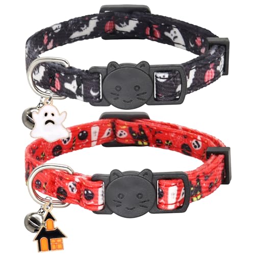 Giecooh Halloween-Katzenhalsband, Baumwolle, 2 Stück, Katzenhalsband mit Glöckchen, Breakaway-Halsbänder für Mädchen, Jungen, Katzen, Kätzchen, Halloween, Schwarz von Giecooh