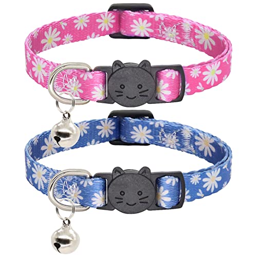 Giecooh Katzenhalsband, 2 Pack Breakaway Halsband mit Glöckchen, Sicherheitsschnalle Kätzchen Halsbänder für Jungen und Mädchen Katzen, Blau + rosa Blume von Giecooh