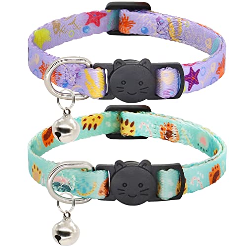 Giecooh Katzenhalsband, 2 Pack Breakaway Halsband mit Glöckchen, Sicherheitsschnalle Kätzchen Halsbänder für Jungen und Mädchen Katzen, Lila + Blaugrün von Giecooh