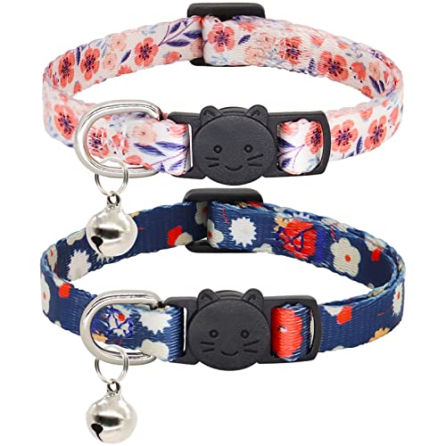 Giecooh Katzenhalsband, 2 Stück Breakaway Halsband mit Glöckchen, Sicherheitsschnalle Kätzchen Halsbänder für Jungen und Mädchen Katzen, Schwarz + Rosa Blume von Giecooh