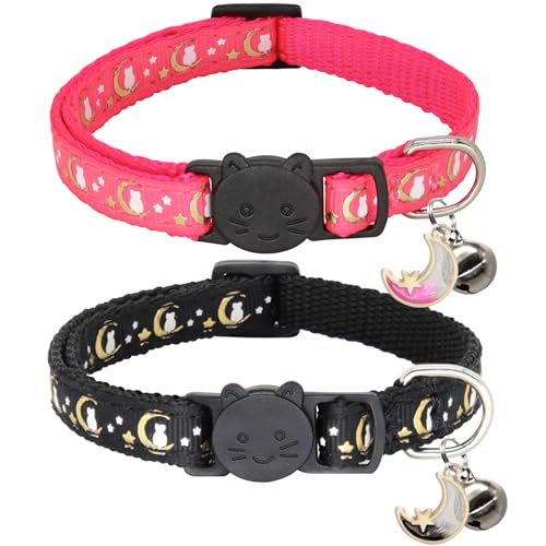 Giecooh Katzenhalsband mit Glöckchen, verstellbar, Mond und Stern, Sicherheitshalsbänder für Jungen und Mädchen, Schwarz + Hotpink, 2 Stück von Giecooh