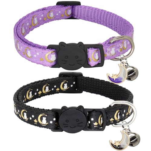 Giecooh Katzenhalsband mit Glöckchen für Katzen, verstellbar, Mond und Stern, Sicherheitshalsbänder für Jungen und Mädchen, Schwarz + Lavendel, 2 Stück von Giecooh