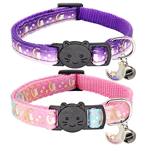 Giecooh Katzenhalsband mit Glöckchen, verstellbar, Mond und Stern, Sicherheitshalsbänder für Jungen und Mädchen, Violett + Rosa, 2 Stück von Giecooh