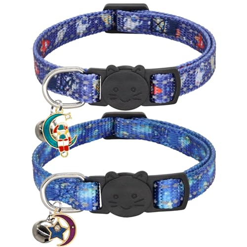 Giecooh Reflektierendes Katzenhalsband, verstellbares Katzenhalsband mit Glöckchen, Sicherheitsschnalle, Halsbänder für Jungen und Mädchen, Katzen, Astronaut + Stern, 2 Stück von Giecooh