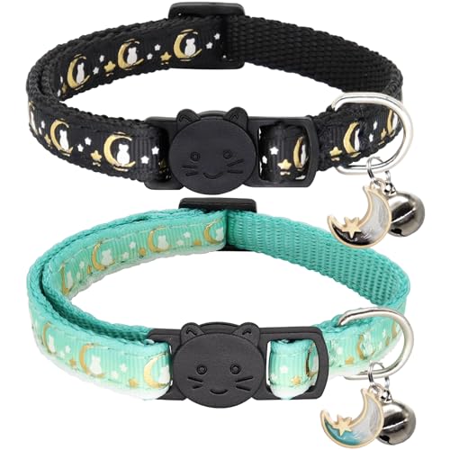 Giecooh Sicherheitshalsband für Katzen, verstellbar, mit Glöckchen, Mond und Stern, für Jungen und Mädchen, Schwarz + Blaugrün, 2 Stück von Giecooh