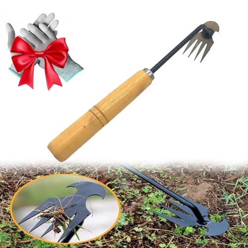 Dritnow Weeding Tool, Weeding Artifact Uprooting Weeding Tool, Weed Puller Tool Garden Weed Pulling Tool 4 Teeth Manganese Steel, Multifunctional Weeders Tool (11.8in Wooden Handle) von Gienslru