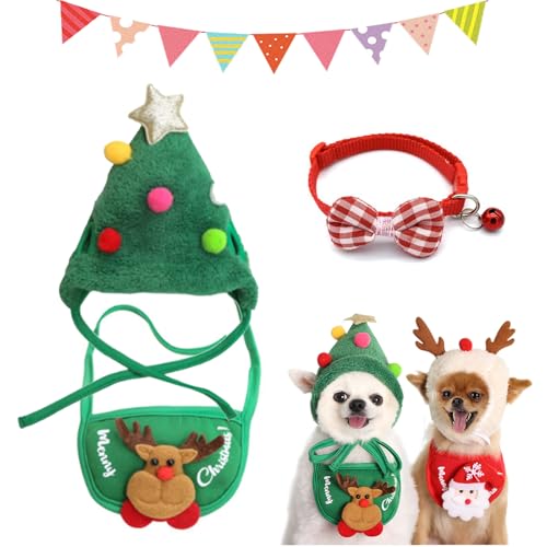 Entzückende Mütze mit Weihnachtsbaum-Pom-Poms, weihnachtliche grüne Samt-Kopfbedeckung für Hunde, lustige weiche Haustiermütze für Hunde, Weihnachtsparty-Kopfbedeckung aus Plüsch (Green Set, S) von Gienslru