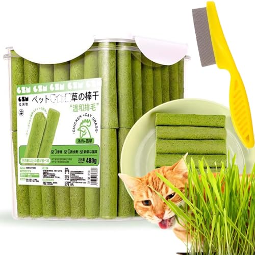 Gienslru Berdexa Cat Grass Teething Stick, Cat Grass Sticks for Indoor Cats, Cat Grass Teething Stick Hairballs for Hairball Removal,Cadental Care, Increase Appetite (60pcs) von Gienslru