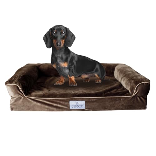 Giesty Orthopädisches Hundebett für Mittelgroße Hunde, Hundecouch mit hohem Rand, Haustierbett, Hundesofa waschbar, Velours und Kunstpelz (Beige, M(75 * 57 * 20cm)) von Giesty