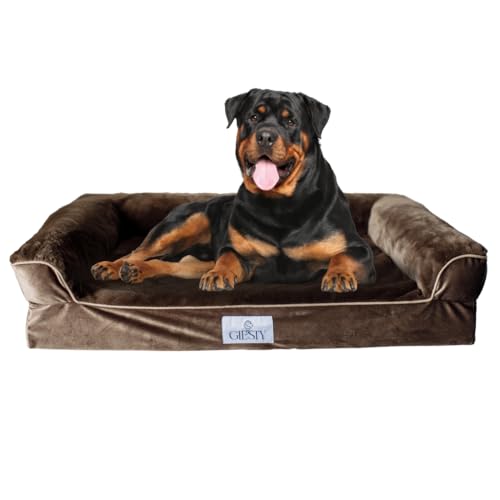 Giesty Mittel Hundebett, Orthopädisches Hundebett Mittelgroße Hunde, Hundecouch mit Hohem Rand, Haustierbett, Hundesofa Waschbar, Velours und Kunstpelz (Beige, XXL(127 * 91 * 22cm)) von Giesty