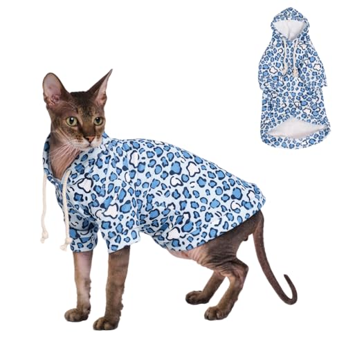 GigglyHouse SPHYNX Katzenkleidung, Katzenanzug mit Hut und Sweatshirt, komplettes Set für haarlose Katzen, Cornish Rex und Devon Rex (blauer Kapuzenpullover, M(2.0-2.5kg)) von GigglyHouse