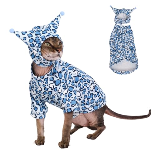 GigglyHouse Sphynx Katzenkleidung, Katzenanzug mit Hut und Sweatshirt, komplettes Set für haarlose Katzen, Cornish Rex und Devon Rex (Blauer Anzug, M(2,0-2,5kg)) von GigglyHouse