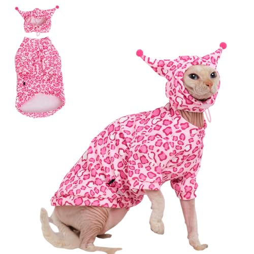 GigglyHouse Sphynx Katzenkleidung, Katzenanzug mit Hut und Sweatshirt, komplettes Set für haarlose Katzen, Cornish Rex und Devon Rex (rosa Anzug, S(0,9-1,6 kg)) von GigglyHouse