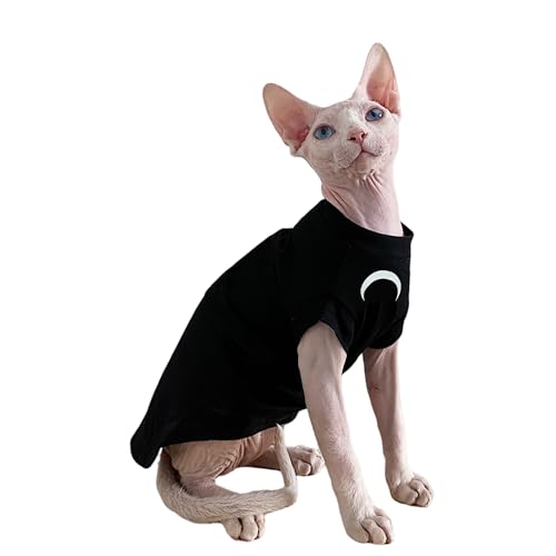 GigglyHouse Sphynx Katzenkleidung, Mondaufdruck, Rollkragen-Baumwoll-T-Shirt für Devon Rex Sphynx Katzen (schwarz, kurzärmelig, XX-Large) von GigglyHouse