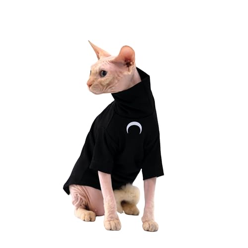 GigglyHouse Sphynx Katzenkleidung, Rollkragen-T-Shirt aus Baumwolle mit Mondaufdruck, für Devon Rex Sphynx Katzen (schwarz, langärmelig, groß) von GigglyHouse