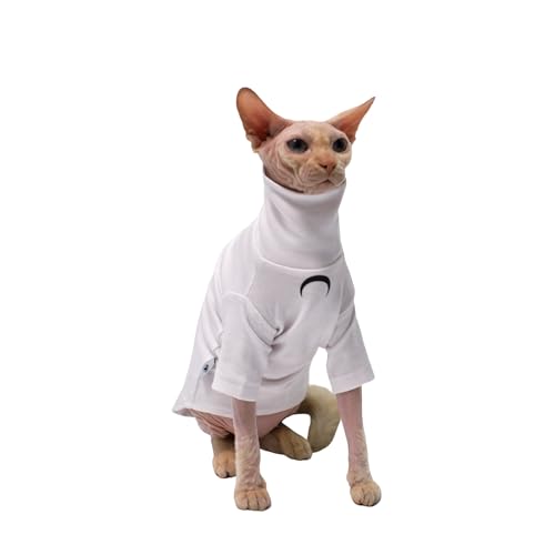 GigglyHouse Sphynx Katzenkleidung, Rollkragen-T-Shirt aus Baumwolle mit Mondaufdruck, für Devon Rex Sphynx Katzen (weiß, langärmelig, groß) von GigglyHouse