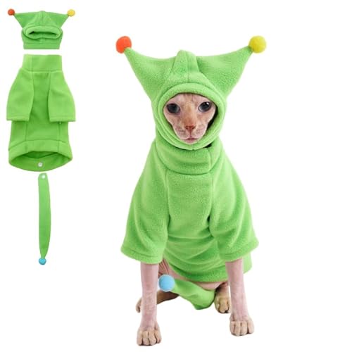 GigglyHouse Sphynx Katzenkleidung, warmer Katzen-Overall mit Hut und Schwanzabdeckung, komplettes Set für haarlose Katzen, Cornish Rex und Devon Rex (Grün, L (2,9-3,6 kg)) von GigglyHouse