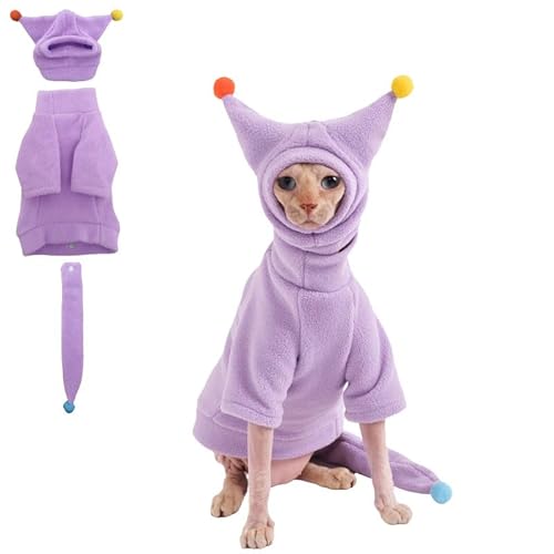 GigglyHouse Sphynx Katzenkleidung, warmer Katzen-Overall mit Hut und Schwanzabdeckung, komplettes Set für haarlose Katzen, Cornish Rex und Devon Rex (Lila, L (2,9-3,6 kg)) von GigglyHouse