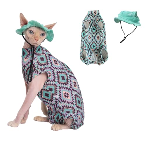 Sphynx Kühlshirt und Mütze für Katzen, Sommer-Set, atmungsaktiver UPF Sonnenschutz für Devon Rex Sphynx Katzen, Größe L (2,5–3,6 kg)) von GigglyHouse