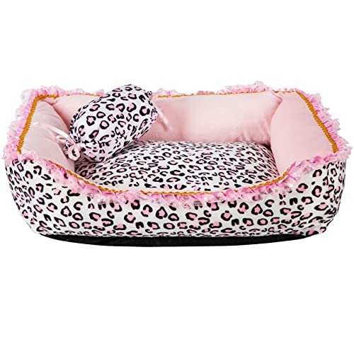 Gigreinc Hundebett für kleine Hunde – niedliches rosa Leoparden-Hundebett, Katzenbetten für Innenkatzen, waschbar, quadratische Form, Katzen-/Hundesofa, Haustierhaus, Nesthöhle (L x B x T): 55,9 x von Gigreinc