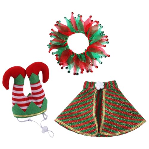 Gihioue Katzen-Weihnachtsoutfit | 3-teiliges Hunde-Outfit für Weihnachten,Umhang, Verstellbarer Clownhut, süßer Kostümanzug mit Clownkragen, Verkleidungskostüme für Katzen und Hunde, Weihnachten von Gihioue