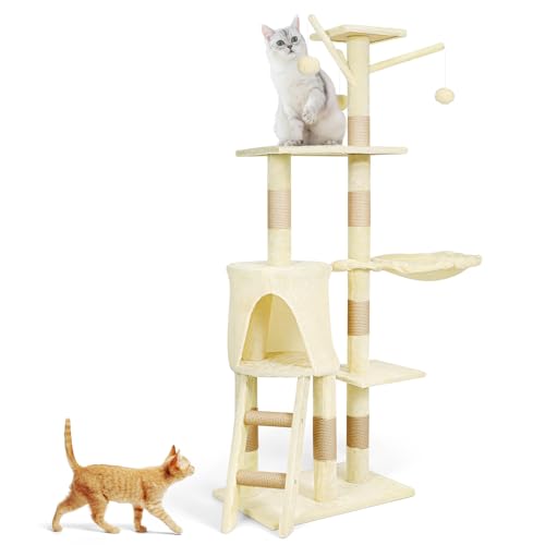 Giliglue Kratzbaum, Katzenturm für Indoor-Katzen, 132 cm hoch, Katzenkletterturm, Katzenhütte mit Sisal-Massivholz-Säulen, Kratzbäumen, Hängematte, Plüschball, für kleine und große Katzen (groß, Rosa) von Giliglue