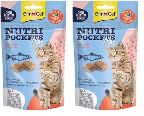 GimCat Nutri Pockets Fisch Lachs - Knuspriger Katzensnack mit funktionalen Inhaltsstoffen - 1 Beutel (1 x 60 g) (Packung mit 2) von GimCat