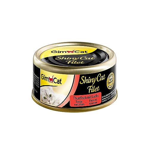 GimCat ShinyCat Filet Thunfisch mit Lachs - Katzenfutter mit saftigem Filet ohne Zuckerzusatz für ausgewachsene Katzen - 24 Dosen (24 x 70 g) von GimCat