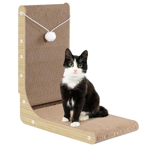 Gimars Hohe 47cm L förmige Kratzbrett Katze mit Ball, Vertikaler kratzpappe für Katzen, Langlebiges Katzenkratzbrett, Katzenspielzeug zum Schutz von Möbeln und Sofas，Holzfarbe von Gimars