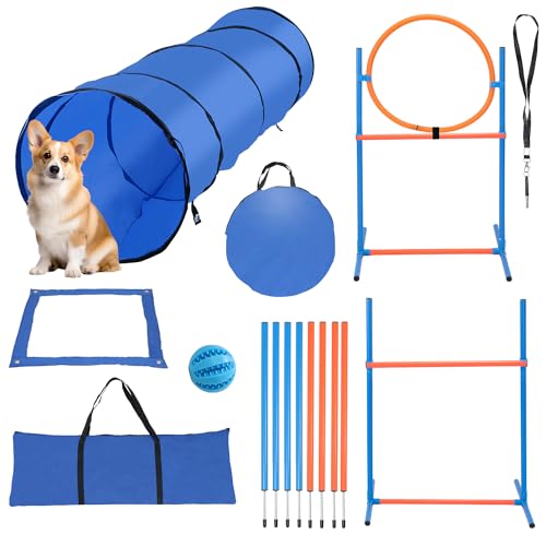 Gimisgu Agility Set Hunde groß, Agility-Ausrüstungs-Set für Hunde, Hundetraining zubehör Agility Hürde, Sprungring, Hundetunnel, 8 Slalomstangen, Ball, Pfeife, Perfekt für den Park, Garten von Gimisgu