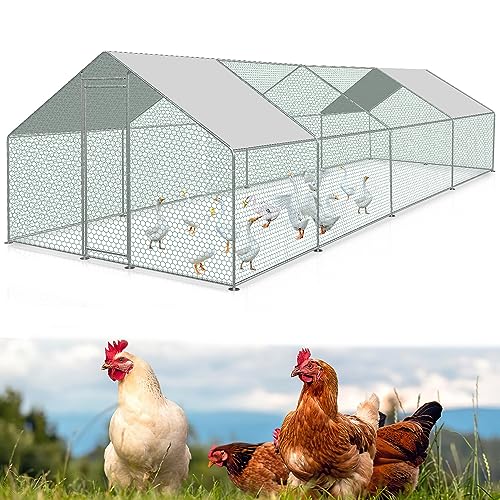 Gimisgu Hühnerstall Freilaufgehege mit Schloss, XL3x8x2m Verzinkter Stahl Kleintierstall Hühnerhaus Dach Geflügelstall mit Sonnenschutzdach und Tür, Stabilem Stahlrahmen von Gimisgu