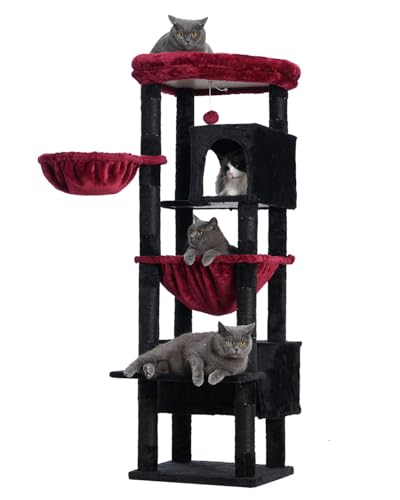 Gitelsnour GCT030-MBR Katzenbaum für Indoor-Katzen, groß, Gothic-Katzenbaum mit großen Plattformen, Katzenturm mit 8 Kratzbäumen, Katzen-Hängematte, Schwarz und Rot von Gitelsnour