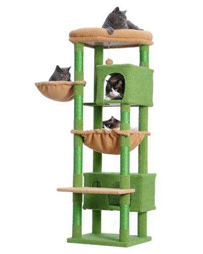 Gitelsnour Katzenbaum für Indoor Katzen Groß Erwachsene, Kaktus Katzenbaum mit Großen Plattformen, Katzenhütte, Katzenturm mit 8 Katzenkratzbäumen, Katzenhängematte, Grün und Gelb GCT030-MGY von Gitelsnour