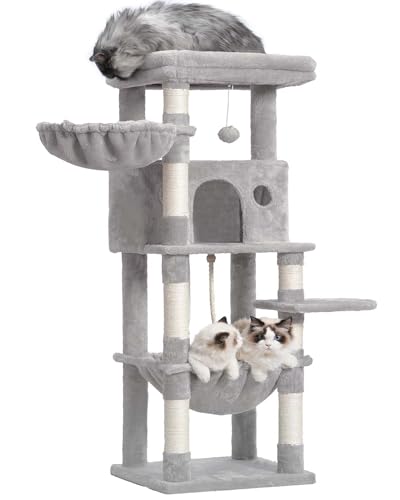 Gitelsnour Katzenbaum, Katzenturm mit großer Plattform, Korb und Höhle, 133,1 cm, Kratzbäume für Indoor-Katzen, Hellgrau GCT010W von Gitelsnour