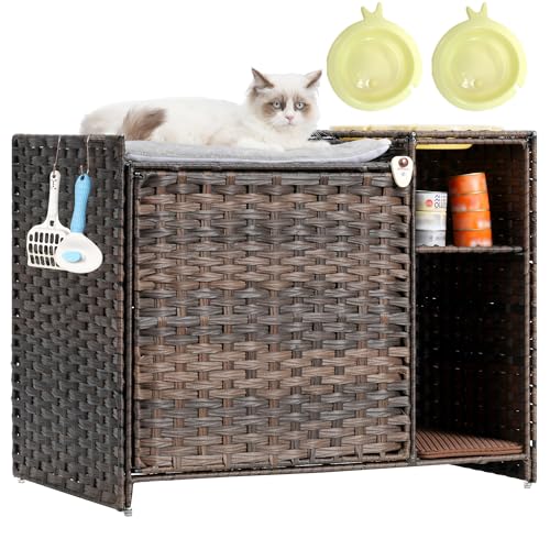 Gitelsnour Katzenklo Gehege Katzenklo Möbel versteckt mit waschbarer Katzenmatte Katzenklo Matte 2 Futternäpfe 2 Haken Regal Handgewebte Rattan Katzenhütte Braun GCLB002BR von Gitelsnour