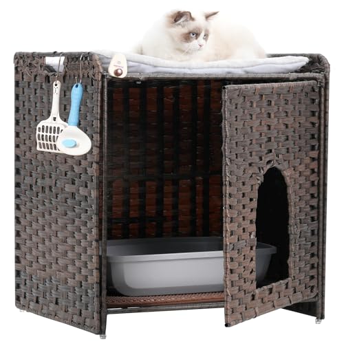 Gitelsnour Katzenklo Gehege Versteckte Katzentoilette Möbel inkl Katzenmatte Katzenklo Matte 2 Haken Handgewebtes Rattan Katzenhaus Braun GCLB001BR von Gitelsnour