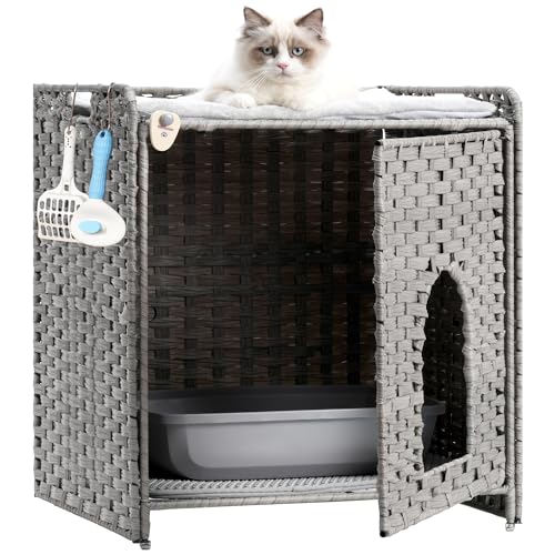 Gitelsnour Katzentoilette Gehege Versteckte Katzentoilette Möbel inkl Katzenmatte Katzenklo Matte 2 Haken Handgewebtes Rattan Katzenhaus Grau GCLB001G von Gitelsnour